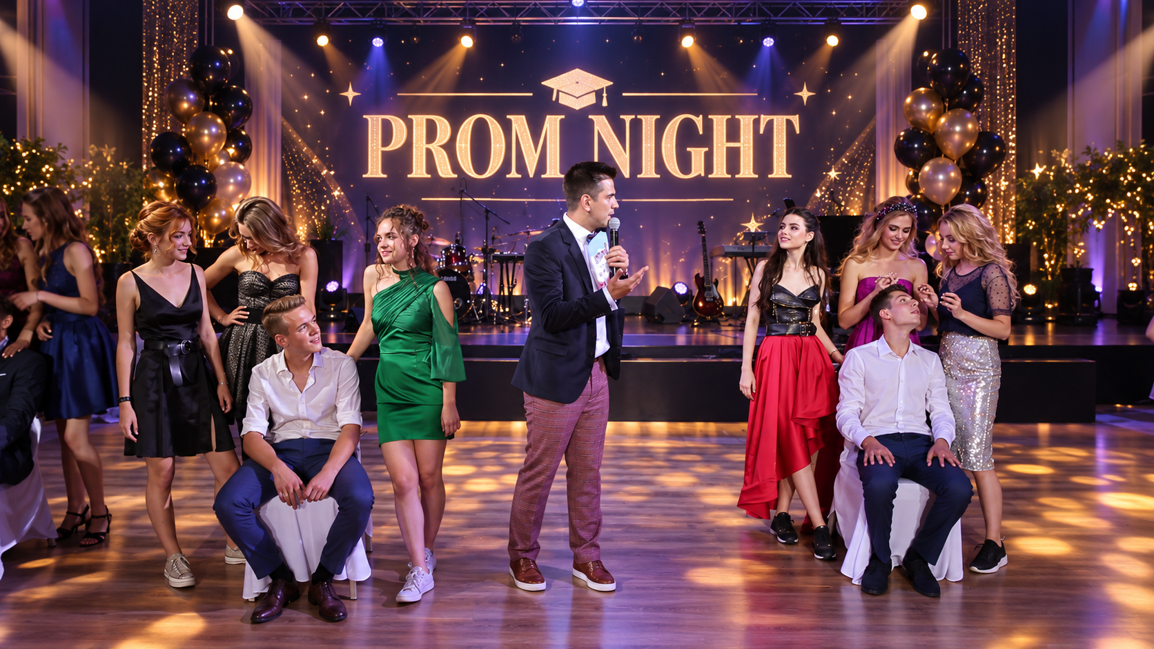 Выпускной PROM NIGHT: выпускники на сцене вместе с ведущим